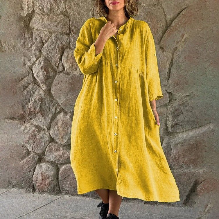 Vestito midi da donna in cotone e lino, casual, di grandi dimensioni, con bottoni, tinta unita, commercio estero all'ingrosso_voghion.com