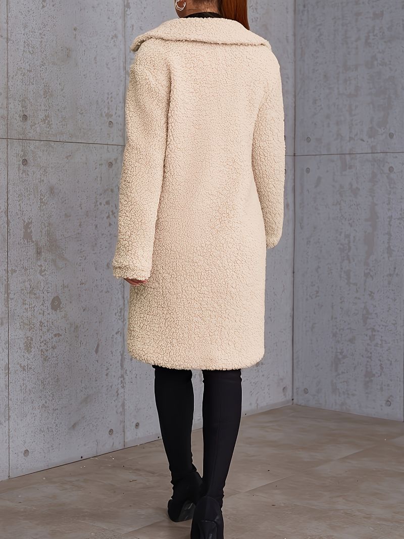 Cappotto da donna elegante, di media lunghezza, con fodera in pelliccia e tasche - Elegante capospalla beige autunno inverno, maniche lunghe, abbottonatura_voghion.com