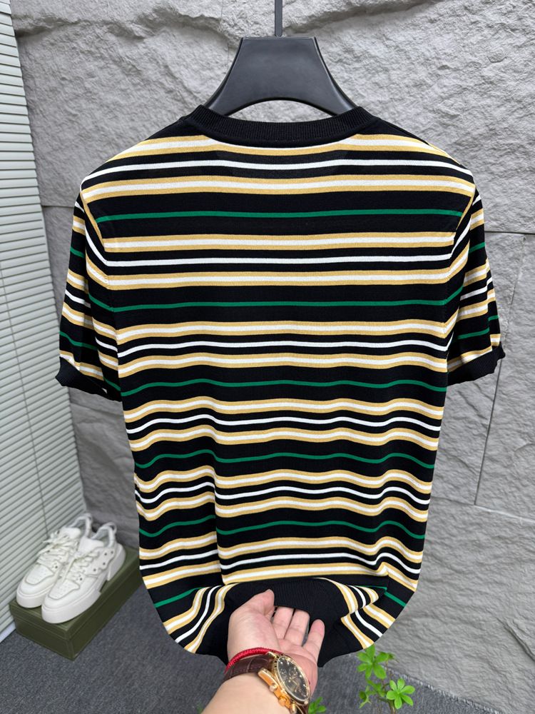 Maglietta a maniche corte estiva da uomo, tendenza giovanile, a righe, in seta ghiacciata, a mezza manica, scollo rotondo, polo sottile._voghion.com