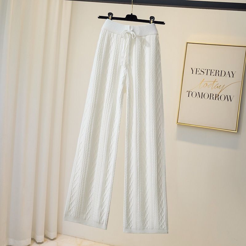 Women's Clothing sticky knitted wide leg pants high waist slim lace up floor length pants with a sense of design and retro pattern casual trousers_voghion.com