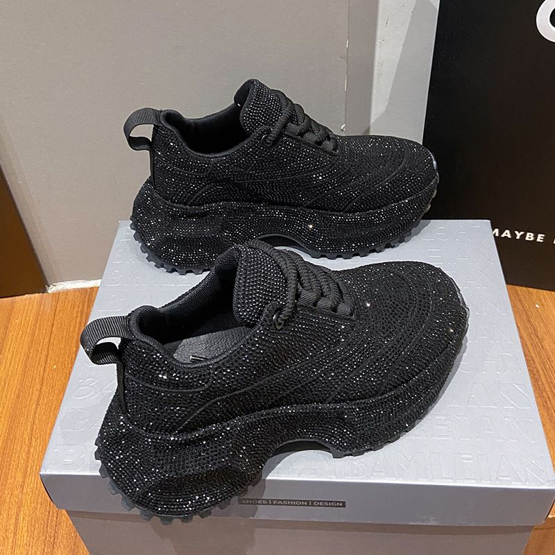 Modische Damen-Sneaker mit Strasssteinen – klobige Plateauschuhe für mehr Körpergröße, atmungsaktives Obermaterial aus PU, lässige und trendige Low-Top-Schnürschuhe_voghion.com