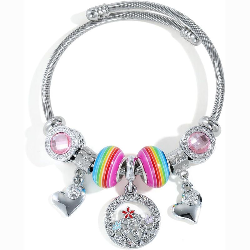 Nuovo bracciale in acciaio inossidabile Pan Family Style Series con micro perline di vetro intarsiate a forma di cuore, anello aperto fai da te_voghion.com