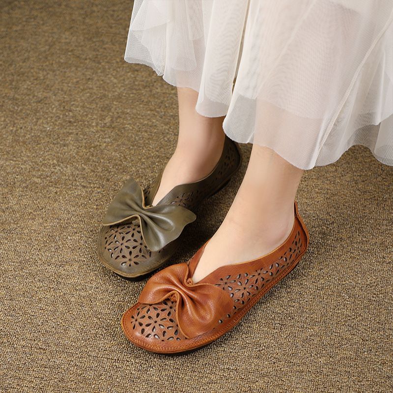 Huizu Mei New Genuine Leather Single With Bowknot Hollow Design Soft Sole Low Heel Flat Slip-On Mom Shoes_voghion.com