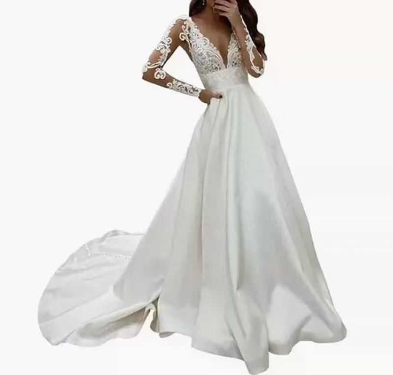 Damkläder Nyheter Slim Långärmad Slim Brud Släpande Satin Resefotografering Slim_voghion.com