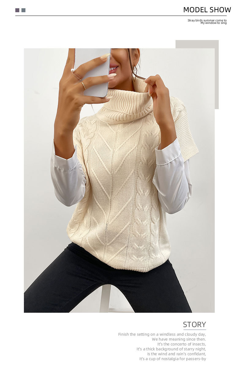 Einfarbig gestrickter Rollkragenpullover mit kurzen Ärmeln_voghion.com