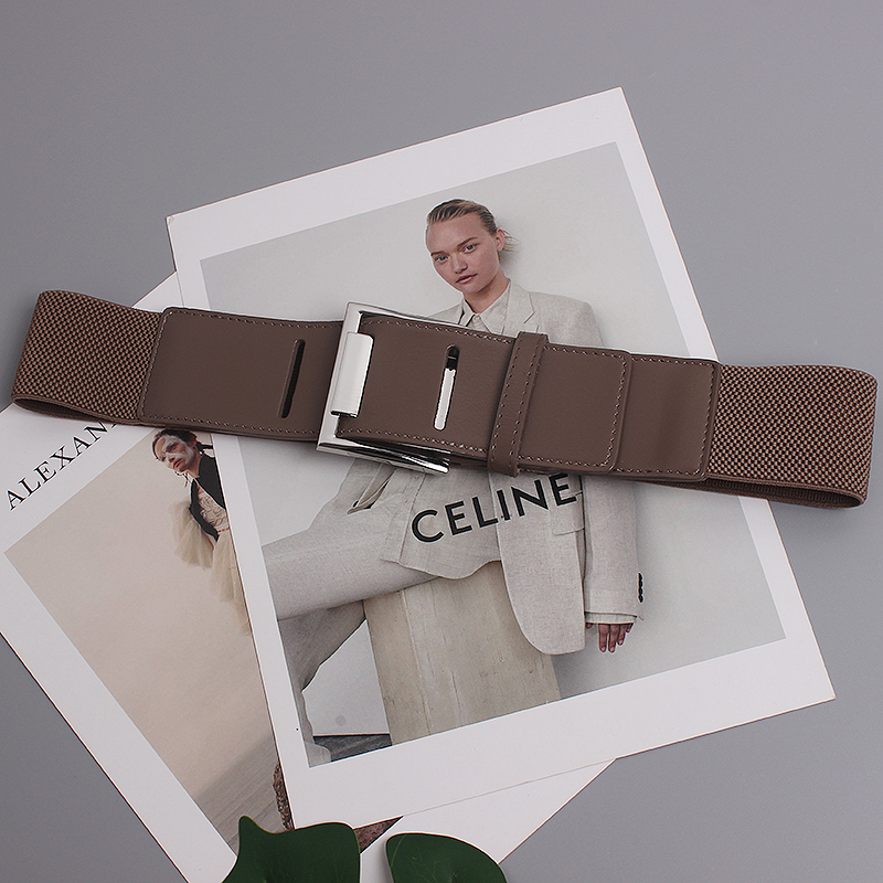 Ceinture large élastique avec couture en cuir de vache, boucle ardillon carrée, avec robe et chemise, ceinture à la mode et polyvalente, nouvelle collection_voghion.com