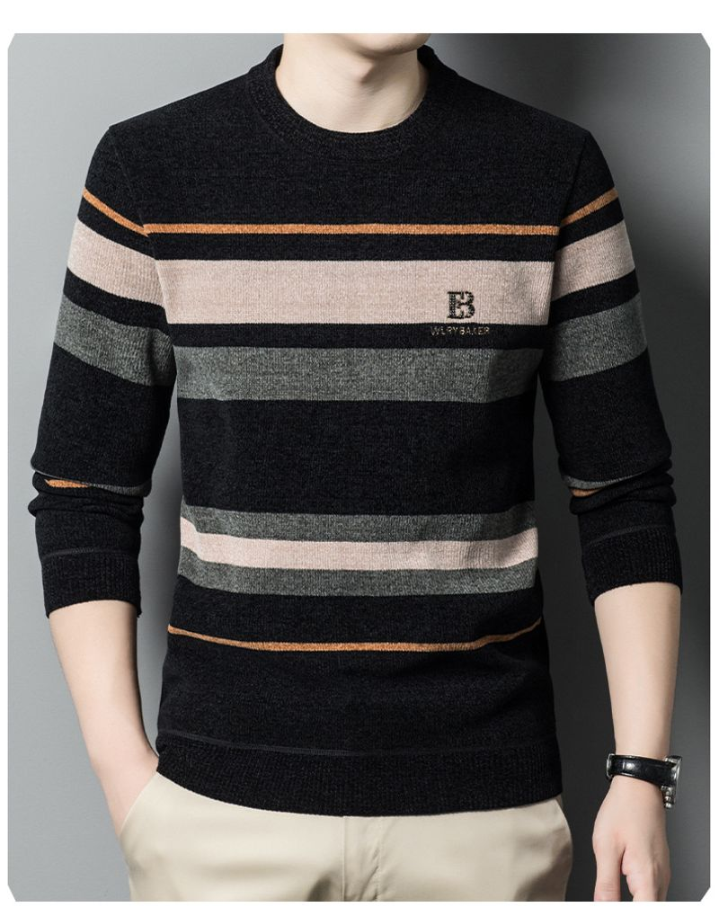 Pull en chenille épais et pelucheux pour hommes, coréen, décontracté, col rond, ample, rayé, tricot, chemise inférieure, hiver_voghion.com
