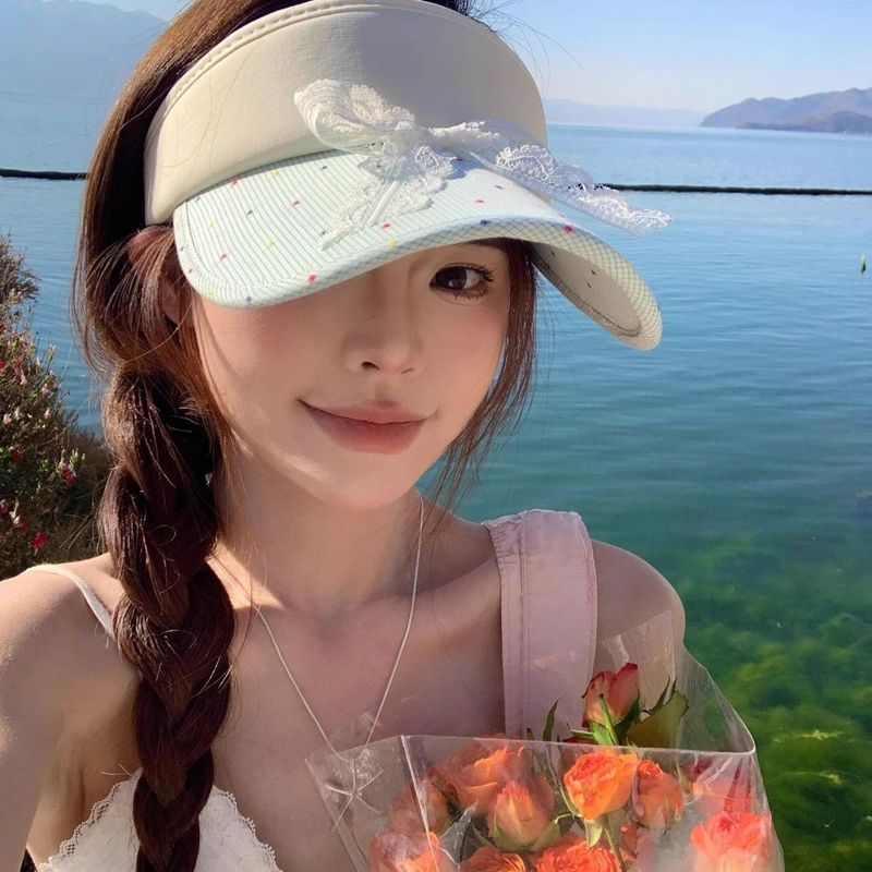 Korean Version Ins Sweet Bow Polka Dot Duck Tongue Visor Women's Summer Sunscreen Empty Top Hat Big Head Circumference Hat Tide_voghion.com