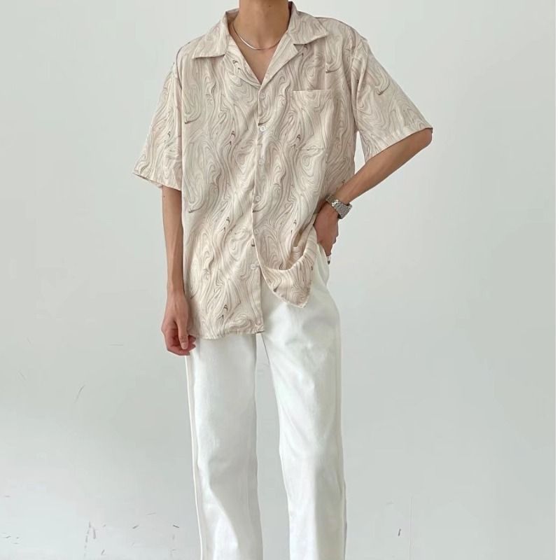 Unschlagbare Qualität Ice Silk Ancient Hanging Wave Pattern Kurzarm Flower Men im Sommer, lockeres lässiges Strandhemd mit kubanischem Kragen für_voghion.com