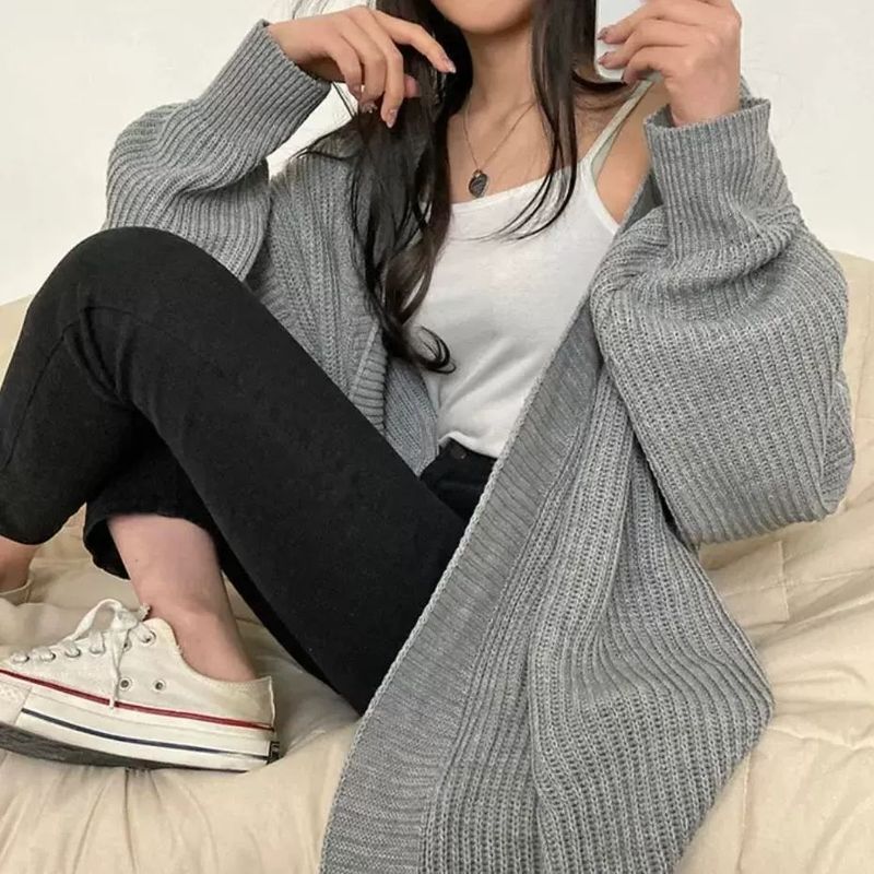 South Korea Chic Autumn Winter Age-Reducing Loose Casual Lazy Versatile Mid-Length Sweater Cardigan Women's Warm Coat_voghion.com