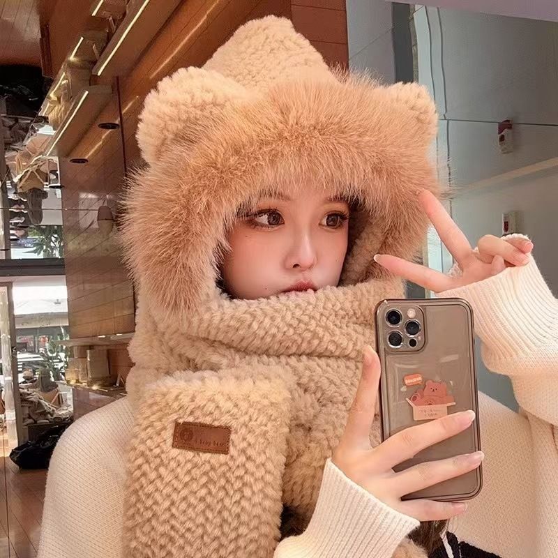 LazyZoom Autumn Winter Bear Ears Plush Scarf Combo For Women Cycling Warm Versatile Mask Ear Protection Neck Warmer Hat_voghion.com