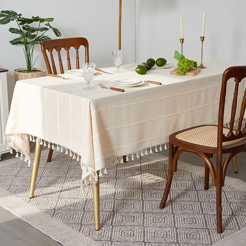 Nappe à franges marron - Style rustique de ferme avec mélange lin-coton (housse de table rectangulaire 60" x 90" lavable, résistante aux taches de café/thé)_voghion.com