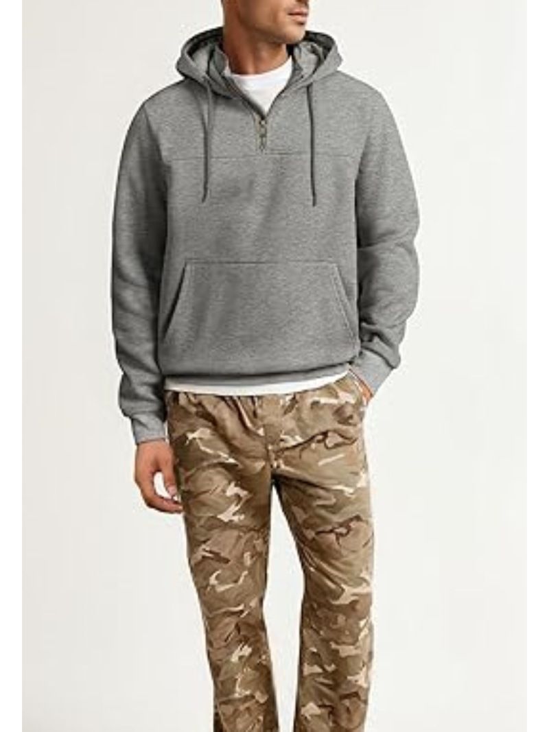Herren-Fleece-Kapuzenpullover mit halbem Reißverschluss – Locker sitzendes Sweatshirt im amerikanischen Retro-Stil mit Stehkragen (S-XXXL, Kängurutasche, einfarbig)_voghion.com