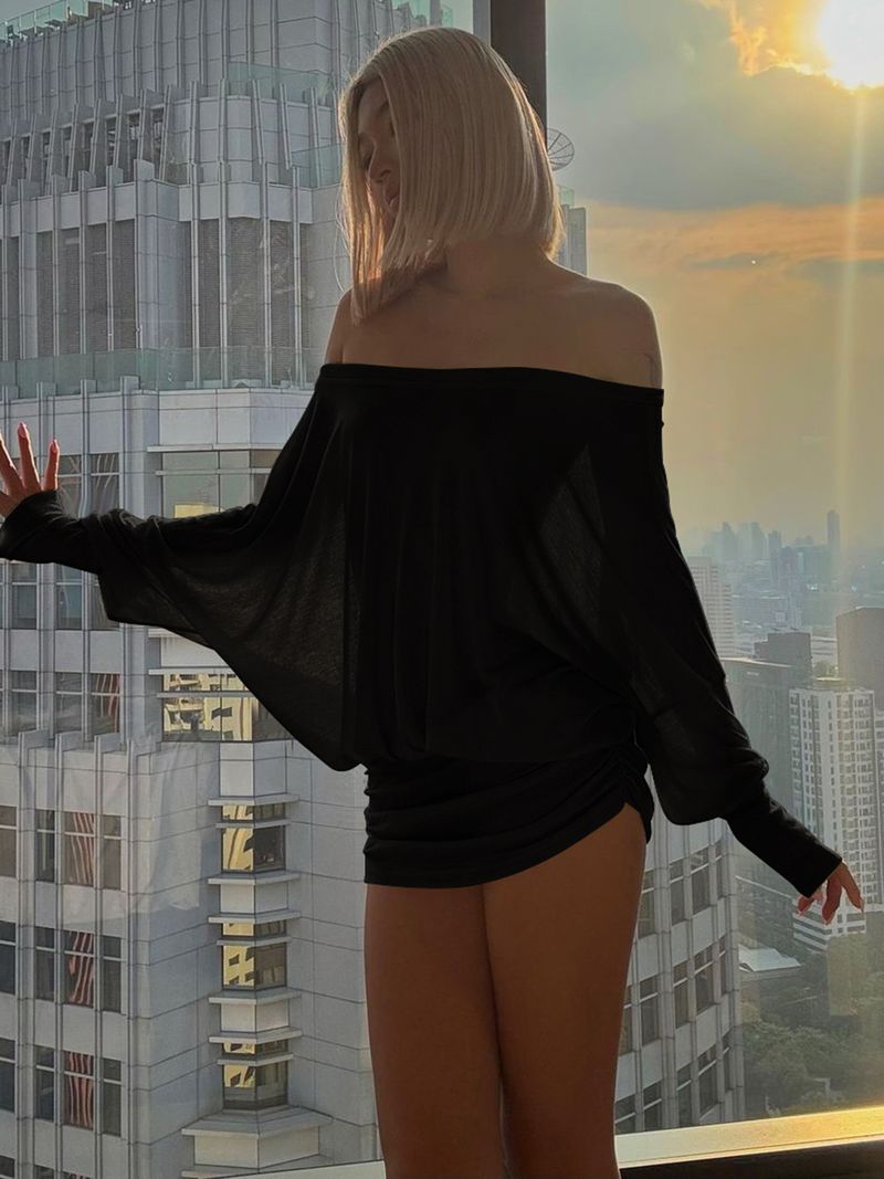 Gustyins Fashion Hot Girl Sexy Off-Shoulder Draped Bodycon Sweet Spicy Chic Pure Desire Dress_voghion.com