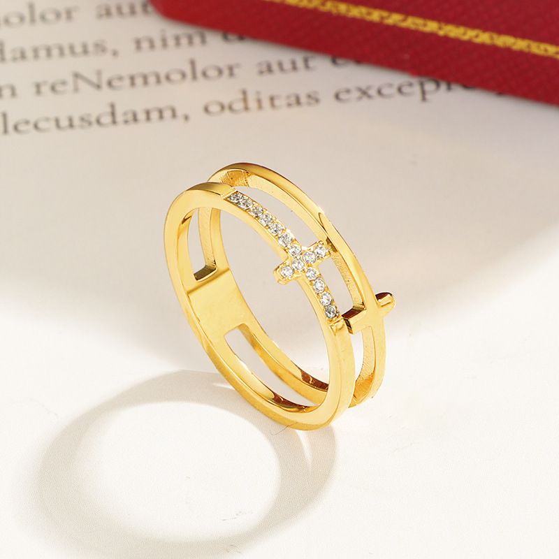 Ins double layer cross diamond ring titanium steel cold style light luxury temperament exquisite hand jewelry men and women fashion jewelry_voghion.com