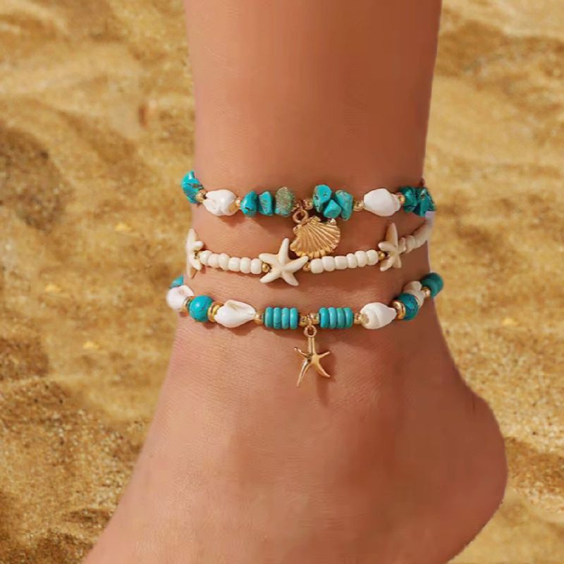 Jewelry Vacation Beach Style Turquoise Set Dense Chain Simple Starfish Multi-layer Rice Bead Anklet_voghion.com