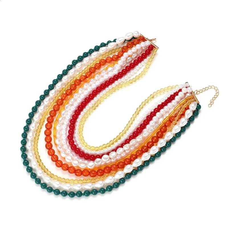 Collier ras du cou en perles multicolores pour femme, style bohème, à plusieurs rangs et pompons (réf. 240813)_voghion.com