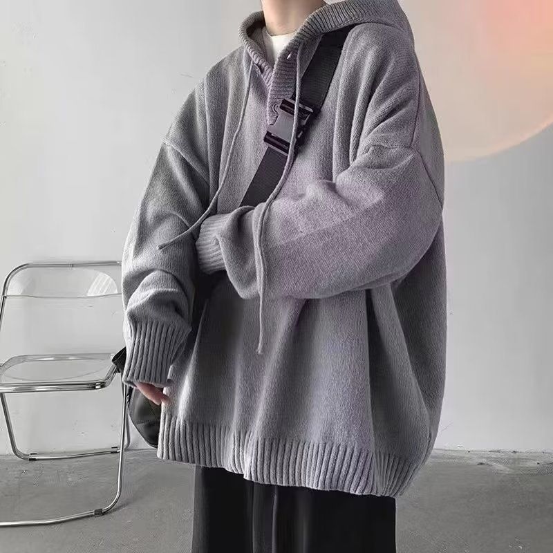 Maglione con cappuccio da uomo, stile coreano, stile pigro, versatile maglione lavorato a maglia alla moda per autunno e inverno_voghion.com