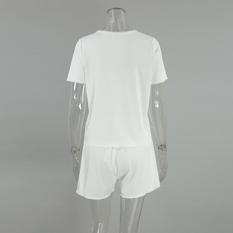 Women's Sleepwears Knitted Striped Hem Short Sleeved Pajamas Shorts Two Piece Pajamas_voghion.com