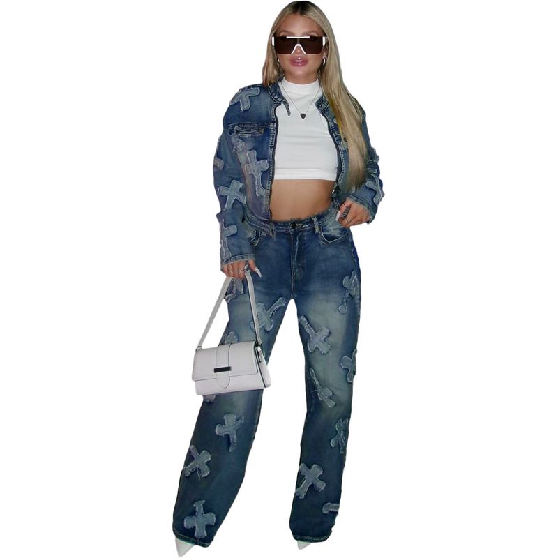 Women's Clothing New Cross Washed And Burned Western Elastic Casual Denim Suit_voghion.com