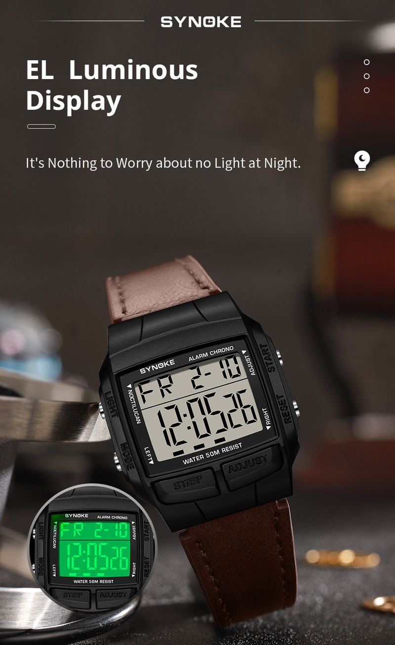Men's Classic Retro Square Digital Sports Watch With Leather Strap, Waterproof, Multifunctional, Fashionable For Everyday Wear_voghion.com