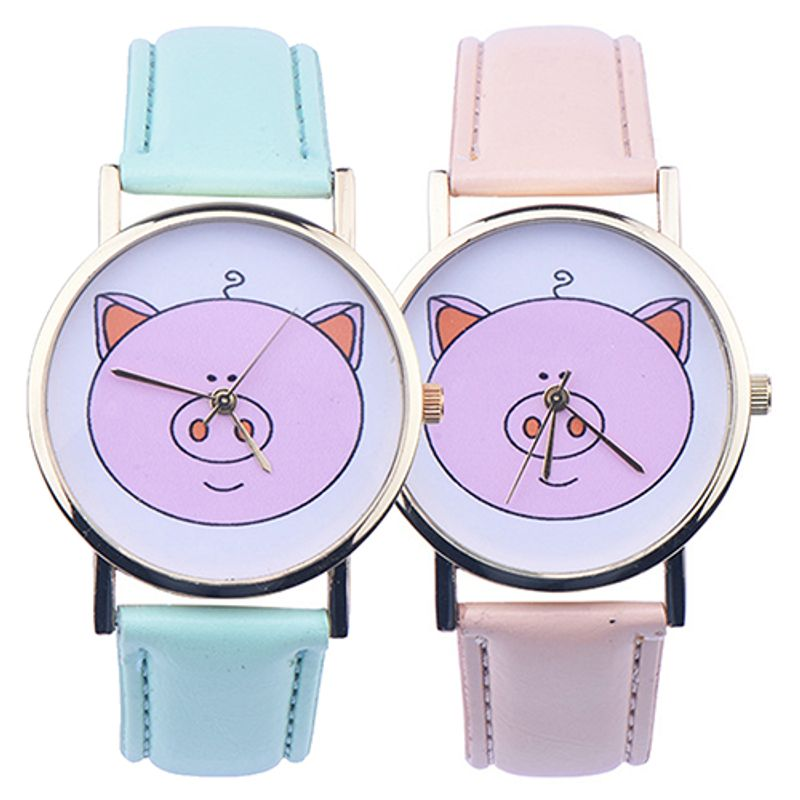Yamaler Women Cute Pig Pattern Faux Leather Band Analog Quartz Fashion Wrist Watches_voghion.com