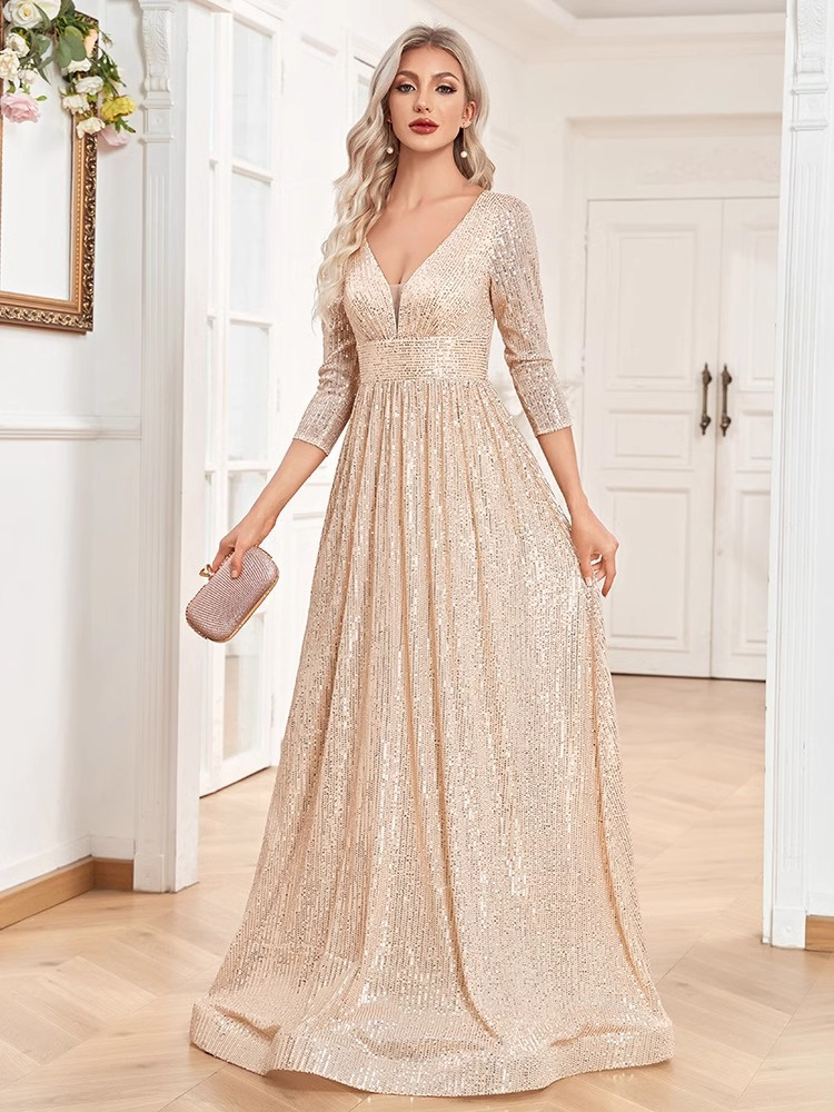 Abendkleid mit Pailletten, großer Schwung, V-Ausschnitt, hohe Taille, Host-Bankettkleid, Abend-Performance-Kleid_voghion.com