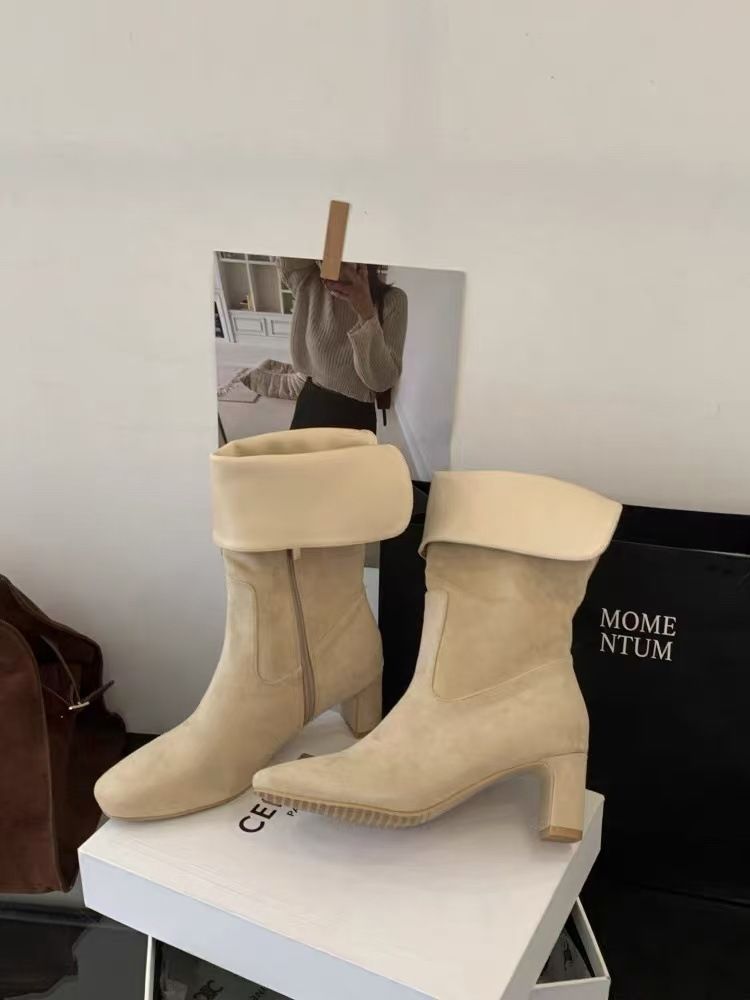 Fashionable Pointed Toe Flat Slip-On Suede Back Split Two-Way Wear Khaki Long Women's Riding Boots_voghion.com