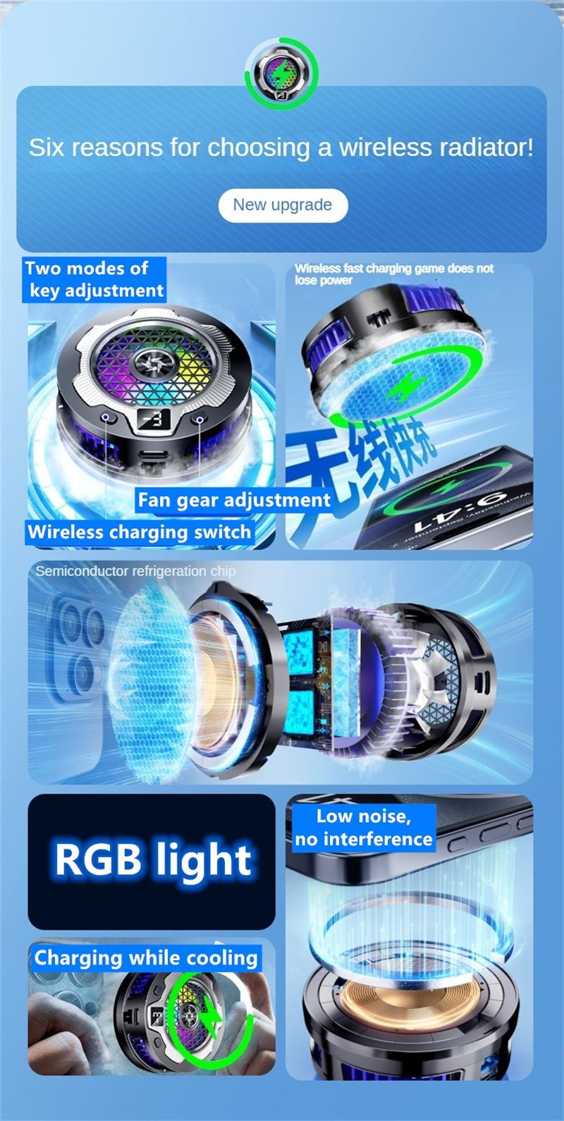 Wireless Charging Magnetic Phone Cooler For IPhone 15, 14, 13, 12, 11 S24 Ultra Back Clamped Phone Fan Game Cooling_voghion.com