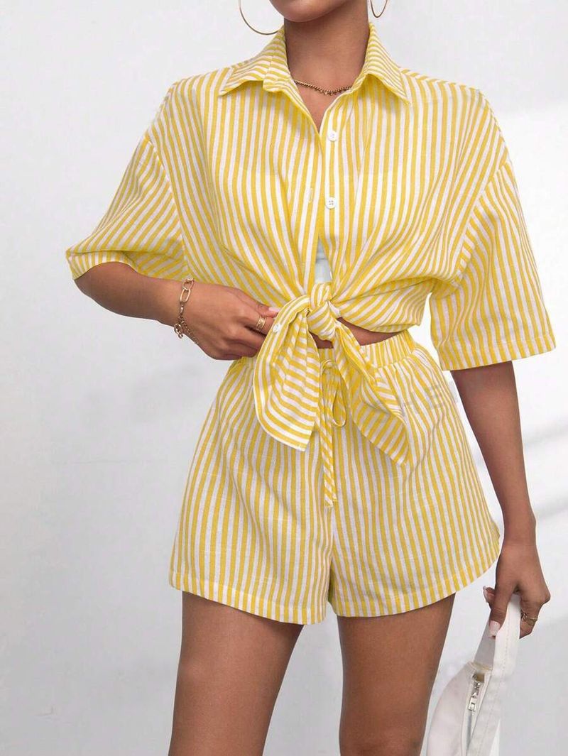 Ensemble deux pièces pour femme, décontracté, rayé, manches courtes, pantalon, revers_voghion.com