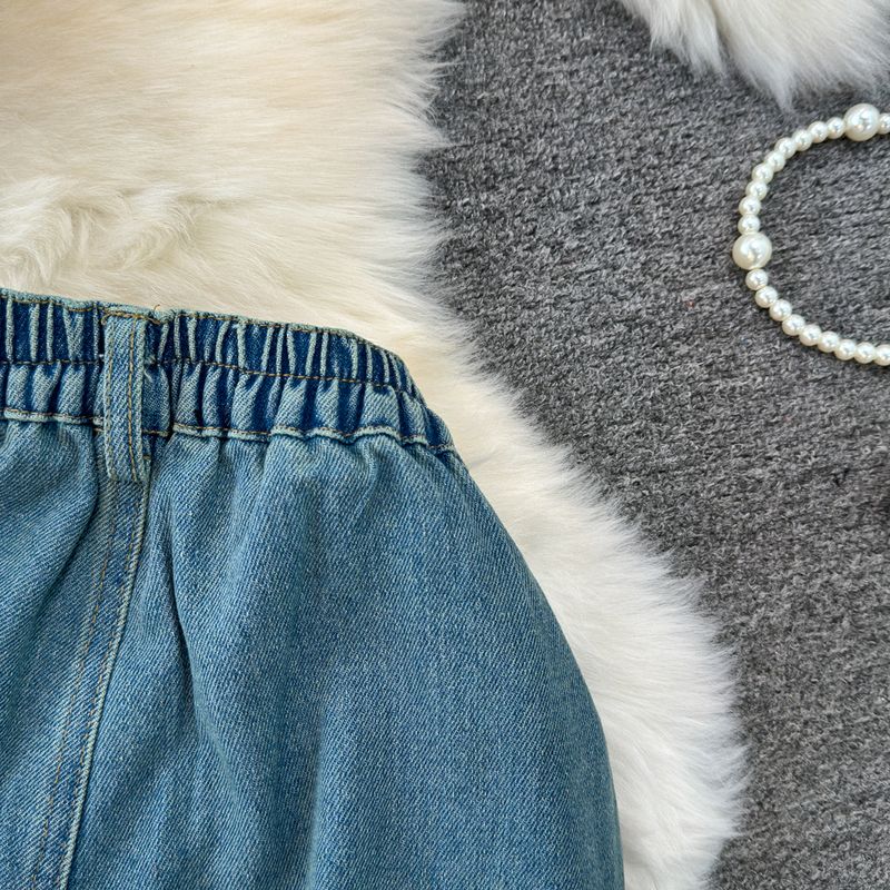 Dametøj Moderigtigt jakkesæt til kvinder med stropløs denim-camisole, højtaljet, mellemlang, hoftedækkende nederdel, sommer_voghion.com