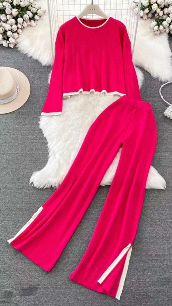 Autumn Winter 2 Pieces Women's Oufit Sets Knitted Tracksuit O-Neck Sweater And Wide Leg Jogging Pants Female Suits_voghion.com