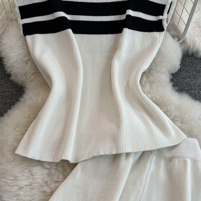 Women's Clothing sleeveless slim fit knitted top two piece suit casual high waist slim straight wide leg pants_voghion.com