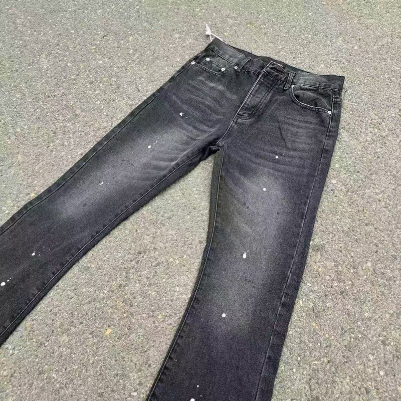 Calça jeans masculina flare com borlas e respingos de tinta lavada, estilo nicho, tridimensional, para alfaiataria_voghion.com
