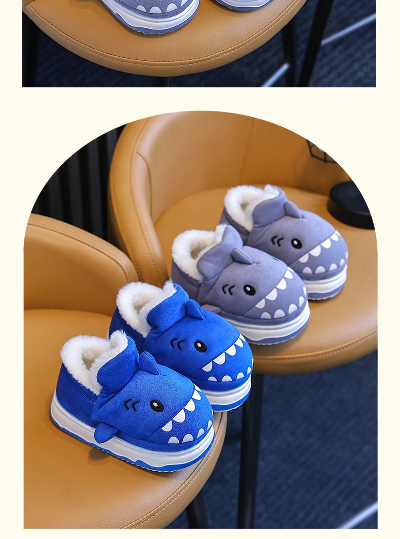 Pantofole per bambini per ragazzi in inverno 2024, nuovo antiscivolo carino squalo bambina con tacco a sacco in peluche e caldo cotone_voghion.com