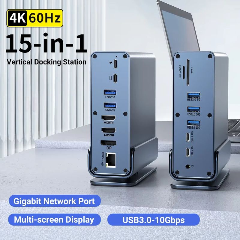15 In 1 Hub Type-C Docking Station 4K@60Hz HDMI DisplayPort USB A RJ45 SD TF Audio 3.5mm Port Adapter For MacBook Pro_voghion.com