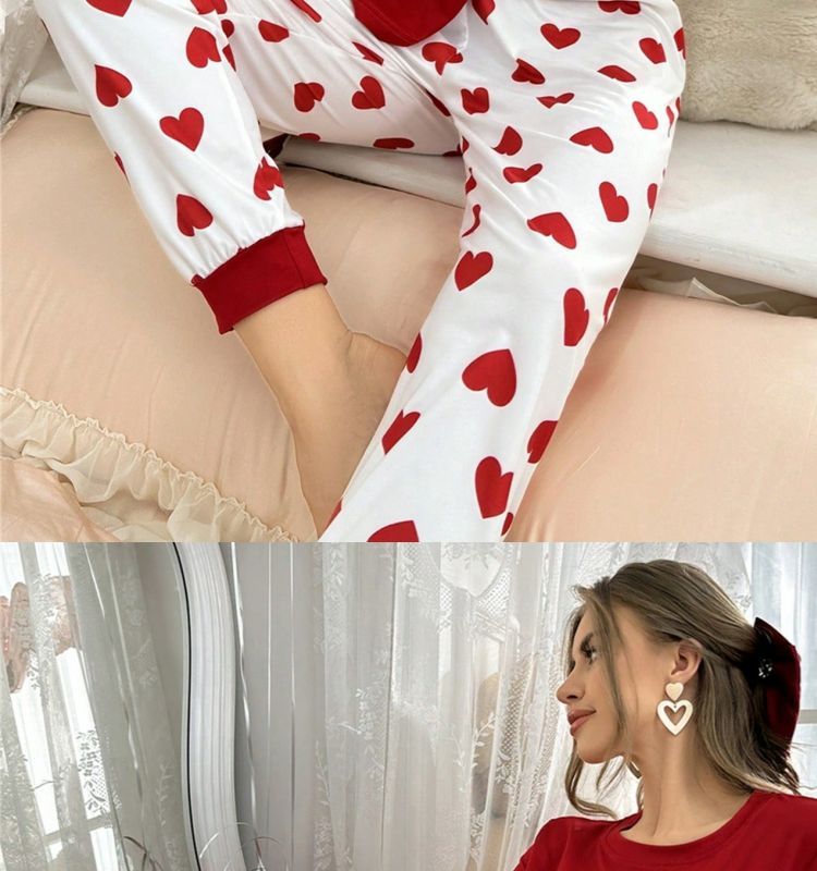 Conjunto de pijama de talla grande para mujer, ropa de estar por casa, estampado en forma de corazón, conjunto de pantalón y camiseta de manga corta, ajustado, informal y cómodo._voghion.com