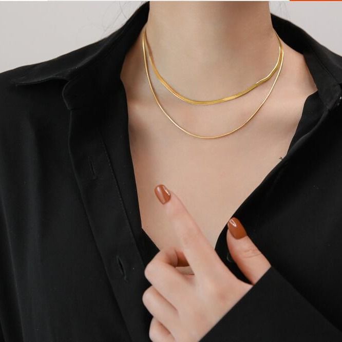 Collier court en acier inoxydable pour femme, chaîne de clavicule double couche en os de serpent, tendance et tendance, L163_voghion.com