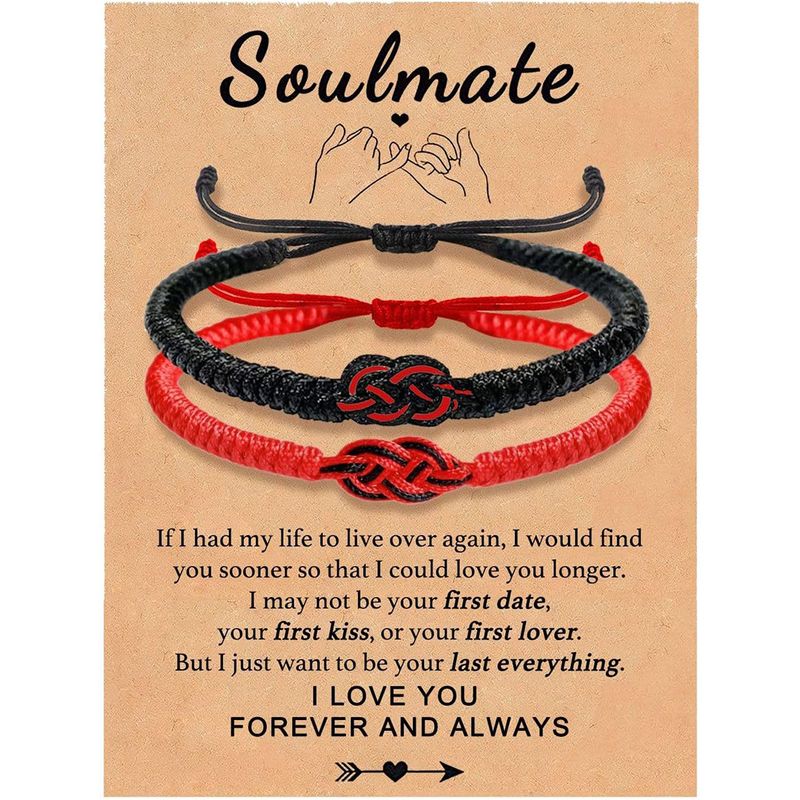 Set di braccialetti intrecciati per coppie di uomini e donne, in corda nera e rossa, intrecciati a mano e regolabili, con scritta "Anima Gemella", in bianco e nero._voghion.com