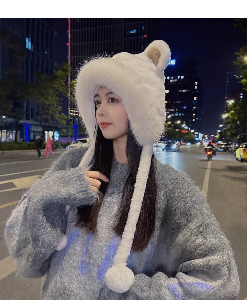 Wintermütze mit dicker und süßer Bärenmütze für Damen, warmes Radfahren, winddicht, Ohrenschutz, Plüsch-Zehenkappe_voghion.com