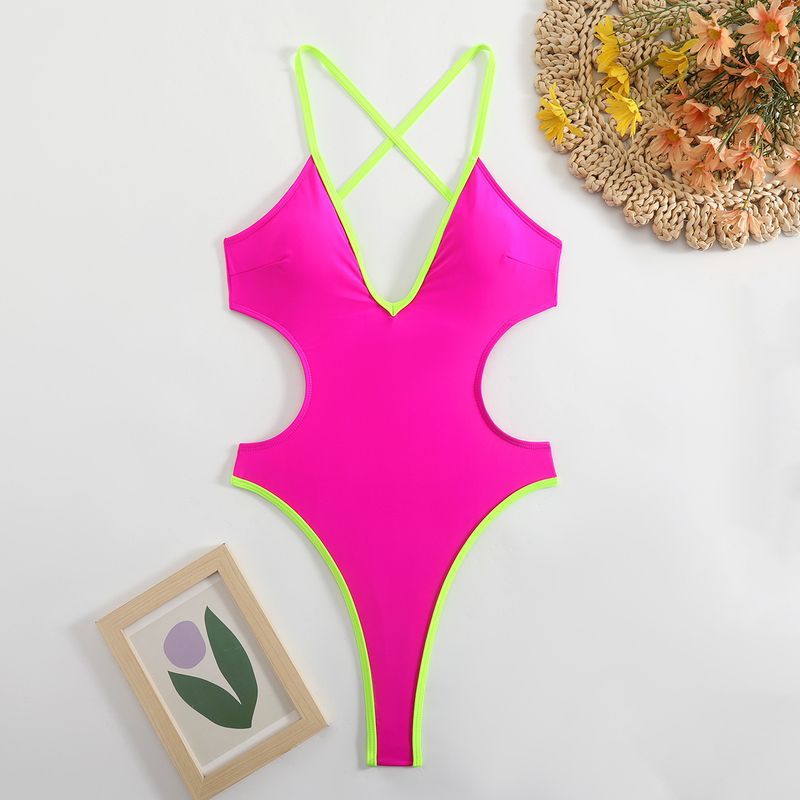 2025 New Solid Color One-piece Swimsuit Women's Sexy Bikini Beach Back Cross Swimsuit Vacation Swimsuit_voghion.com