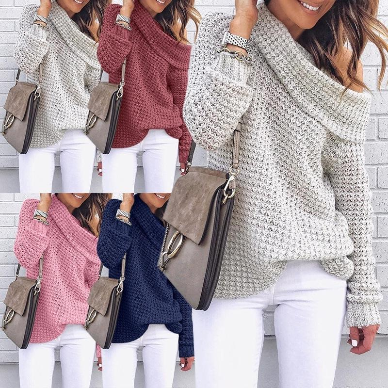 Women's one-line collar off-shoulder lapel sweater loose large version solid color sexy sweater_voghion.com