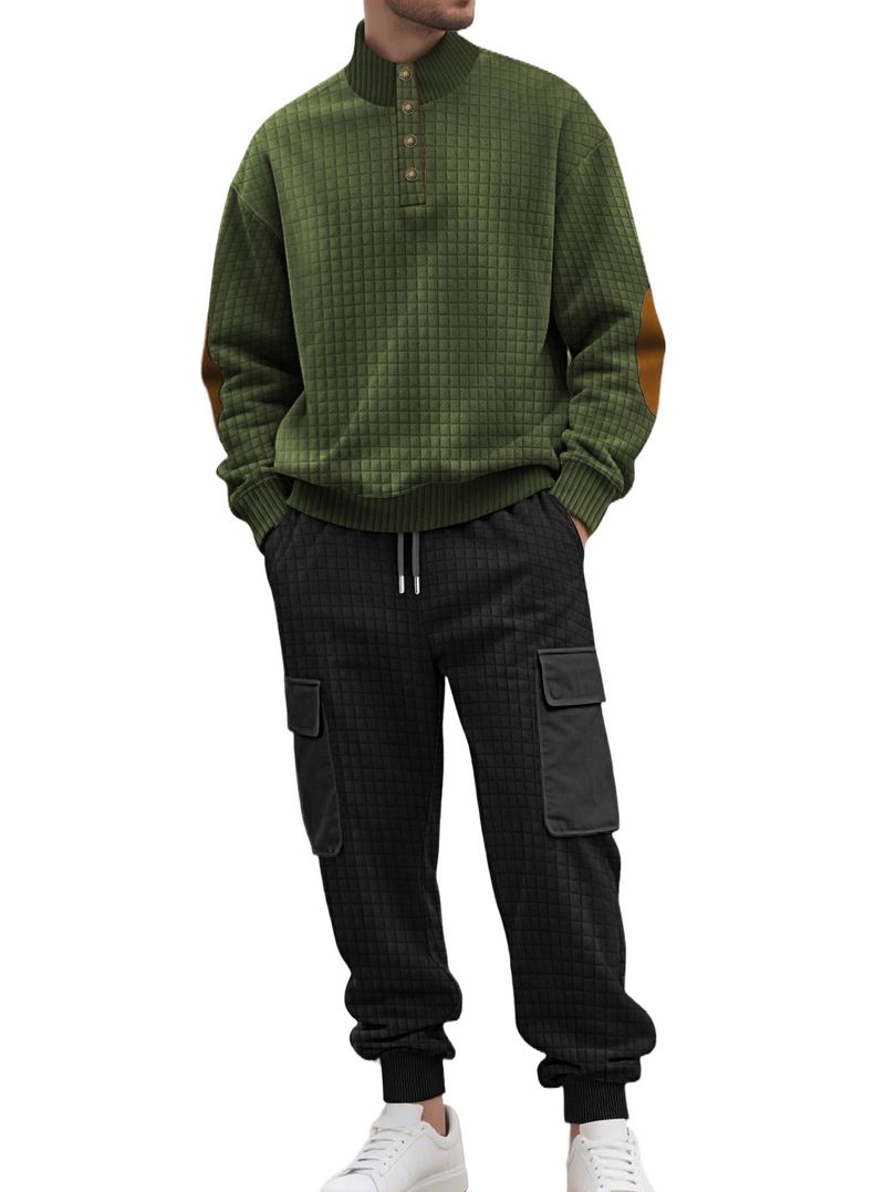 Conjunto de sudadera con capucha y joggers de punto a cuadros para hombre: 2 piezas, estilo informal de negocios, 100 % poliéster, resistente a las arrugas y transpirable._voghion.com
