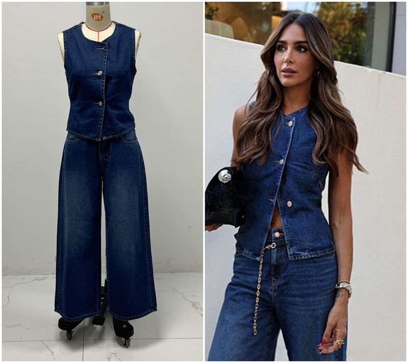 Damkläder Ärmlös väst Mode vida ben Denimkostym_voghion.com