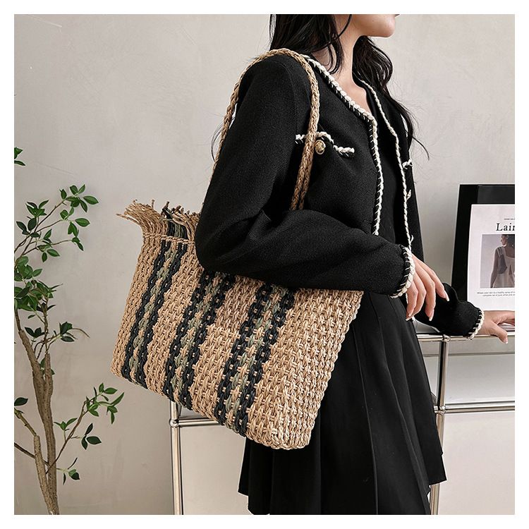 【Stile etnico】Borsa a tracolla alla moda in paglia color-block, borsa tote da vacanza di grande capacità_voghion.com
