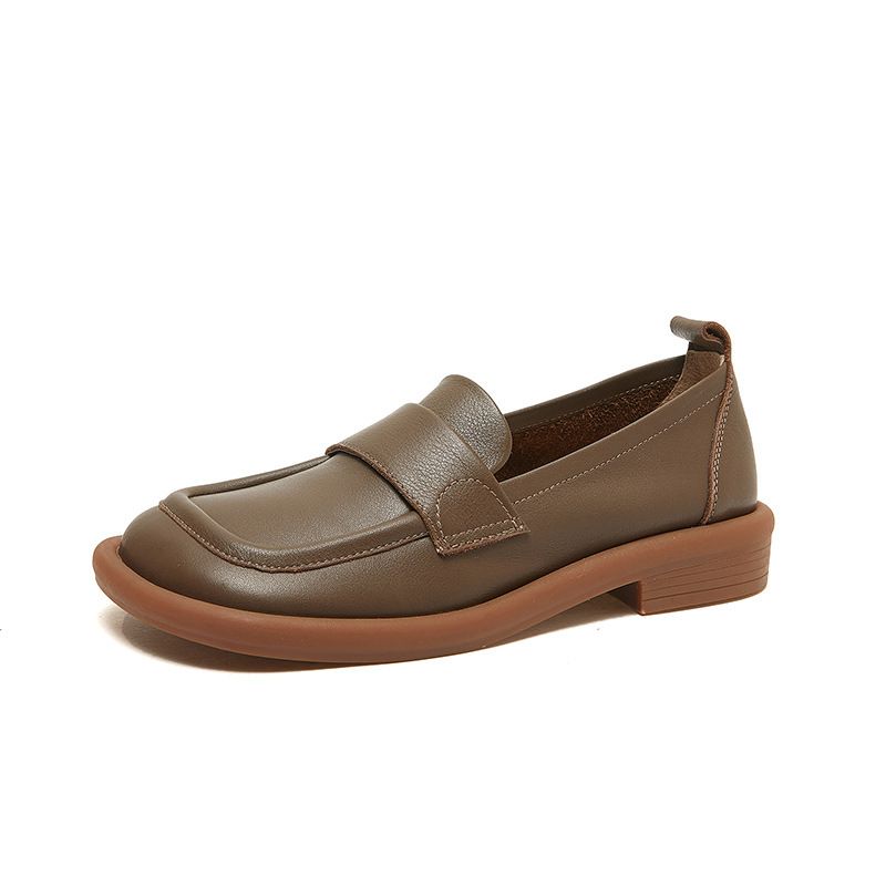 Genuine Leather Loafers For Women British Style Cowhide Slip-On Low Heel Soft Sole Comfortable Commuting Shoes_voghion.com