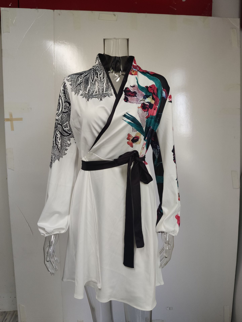 Elegante abito monopezzo con cintura in vita e motivo a blocchi di colore per donna - Abito estivo fluido con scollo a V e maniche lunghe, comodo tessuto in poliestere_voghion.com