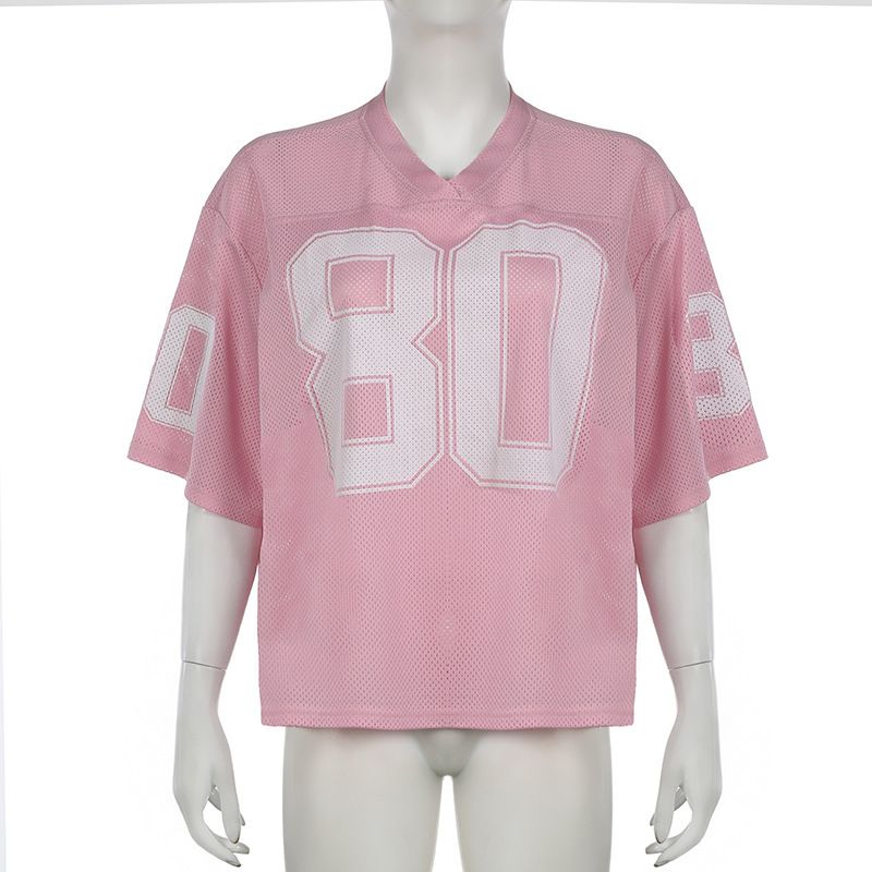 Abbigliamento da donna, stile street style, stile hottie, maglietta oversize con stampa di lettere, maniche corte, scollo a V, ampia e sottile, basic_voghion.com