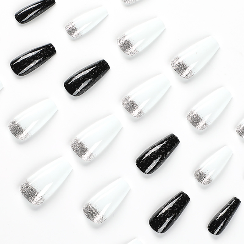 24 Stücke Falsche Einfache Nägel Schwarz Französisch Lange Ballerina Sarg Vollständige Abdeckung Nagelspitzen Abnehmbare Gefälschte Nägel Drücken Sie O_voghion.com