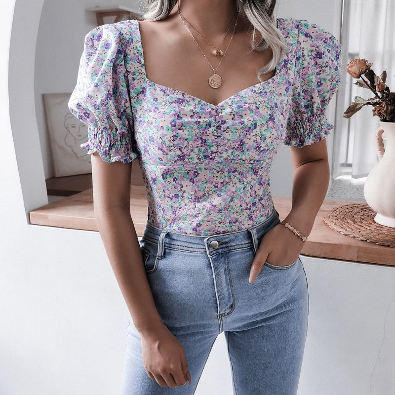 Summer New Casual Lantern Sleeve Square Neck Sexy Fragmented Chiffon Top Women's Wear_voghion.com